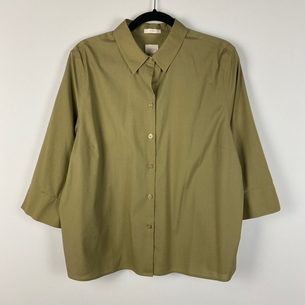 Chico's No Iron Cotton Green 3/4 Sleeve Button Down Shirt S or US 4/6